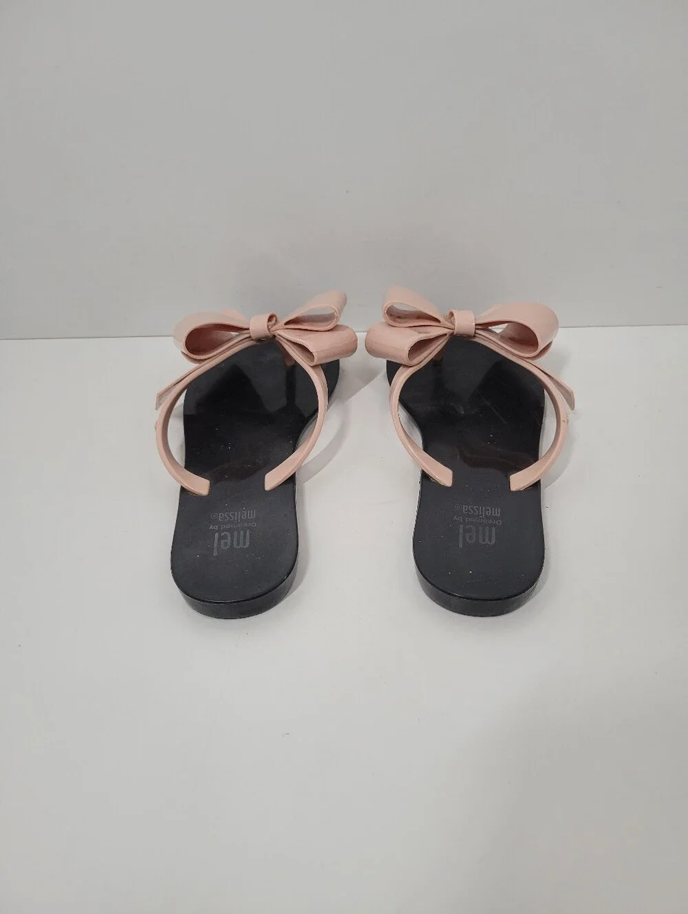 Mini Mel Dreamed by Melissa Black Blush Pink Bow Flip Flop Sandals Girl Size 1